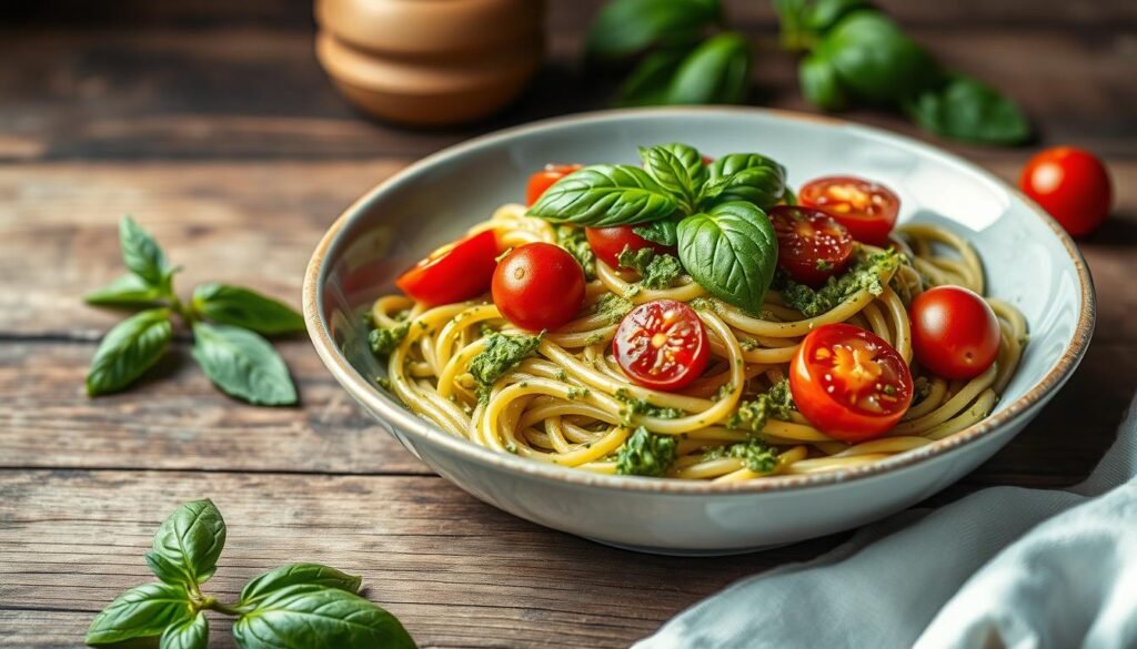 Makaron z pesto i pomidorkami koktajlowymi