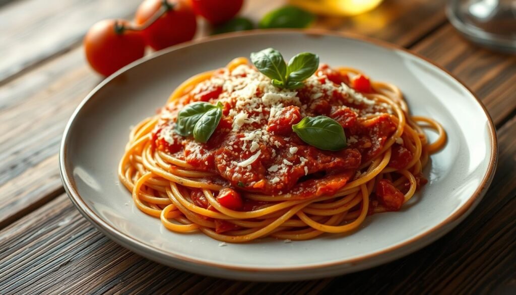 Spaghetti z sosem pomidorowym i bazylią