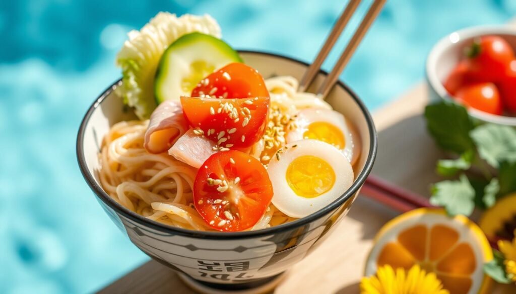 Hiyayashi Chuka (zimny makaron z dodatkami, podawany latem)