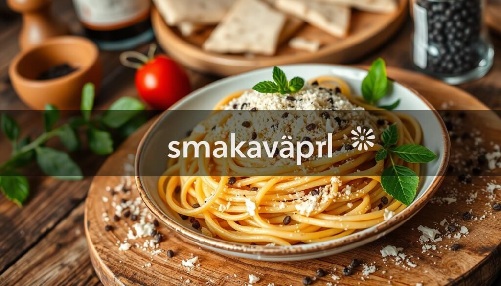 makaron włoski, ser Pecorino, pieprz czarny, pieprz biały