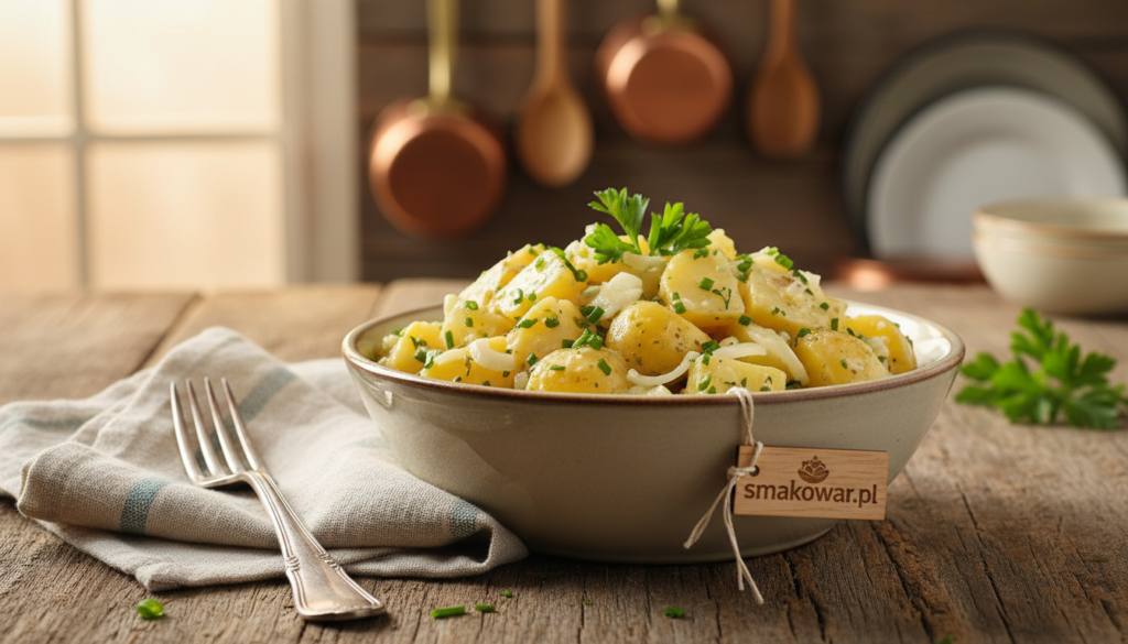 A beautifully arranged bowl of traditional German potato salad, showcasing creamy, tangy textures with diced potatoes, chopped onions, and fresh herbs. In the foreground, the salad glistens with a light dressing, garnished with sprigs of parsley. The middle layer features a rustic wooden table setting, with a vintage fork beside the bowl and a linen napkin in soft colors. In the background, there are hints of a cozy kitchen atmosphere, with blurred outlines of cooking utensils and warm, soft lighting that conveys a homely, inviting mood. The image should capture the essence and history of the classic Kartoffelsalat, associating it with heritage and comfort. Brand name: smakowar.pl.