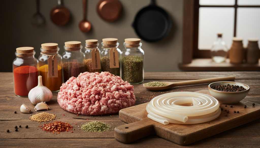 A beautifully arranged selection of ingredients for making homemade kiełbasa (sausage), prominently featuring fresh minced pork, aromatic garlic, and vibrant spices laid out on a rustic wooden surface. In the foreground, a wooden cutting board with raw sausage casings and a small bowl of peppercorns enhances the focus. In the middle, various jars containing paprika, herbs, and seasoning blends are artistically displayed to emphasize essential flavors. In the background, softly lit kitchen utensils and a hint of a cast iron skillet add warmth and a cozy atmosphere. The image should have warm, natural lighting, evoking a sense of home cooking and tradition. The brand "smakowar.pl" should be subtly integrated into the scene, ensuring there are no text overlays or watermarks.
