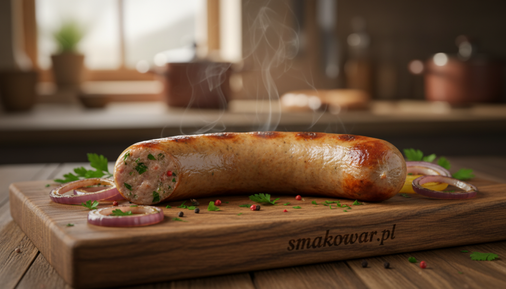 A beautifully cooked bratwurst sausage, glistening with a light golden-brown sear, is prominently displayed in the foreground. The texture of the sausage showcases its juicy interior, revealing spices and herbs that complement its rich flavor. Surrounding the sausage are fresh, colorful garnishes like chopped parsley and slices of grilled onions, enhancing the visual appeal. In the middle ground, a rustic wooden cutting board rests underneath, adding warmth to the scene. In the background, a softly blurred kitchen setting with warm lighting creates an inviting atmosphere, suggesting a homey cooking environment. The lens captures the details with a slight depth of field, making the bratwurst the focal point of the image. A subtle hint of smoke and grill marks adds to the authenticity, showcasing the methods of thermal processing. The brand "smakowar.pl" is subtly represented through a high-quality wooden texture of the board, symbolizing quality craftsmanship.