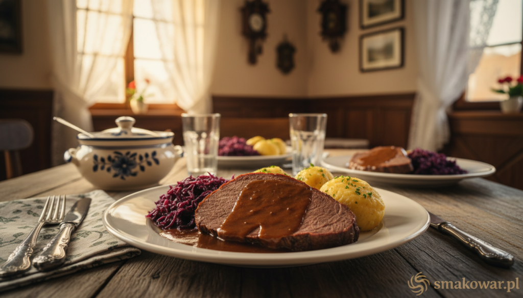 A beautifully plated traditional Sauerbraten in the foreground, showcasing a generously sliced piece of tender beef roast, glistening with a rich red-brown sauce. Surround the meat with vibrant sides of red cabbage and fluffy potato dumplings, arranged elegantly on a rustic wooden table. In the middle ground, a set of vintage-style dinnerware and cutlery hint at a cozy, inviting meal. The background softly blurs to reveal a quaint, warmly lit dining room adorned with subtle Bavarian decor, evoking a homey atmosphere. The lighting is warm and inviting, simulating late afternoon sun filtering through lace curtains. Captured with a slightly overhead angle using a 50mm lens, the image exudes a sense of warmth and tradition, perfectly representing the essence of enjoying Sauerbraten. A small logo of "smakowar.pl" is subtly integrated into the scene, enhancing the authenticity.