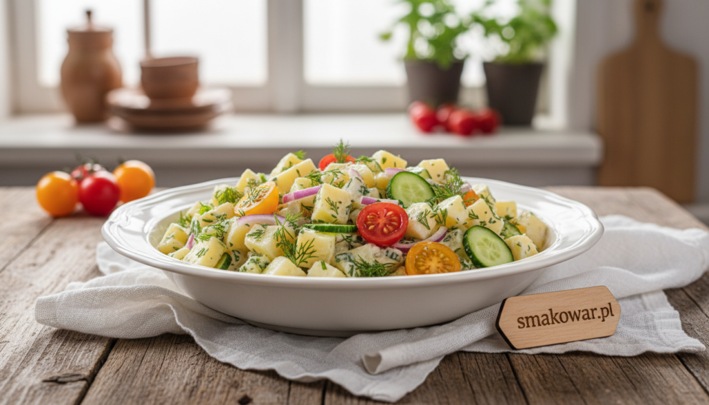 A beautifully styled traditional potato salad, known as "sałatka ziemniaczana," presented in an elegant white ceramic bowl. The salad features diced potatoes, mixed with vibrant green dill, crisp diced onions, and a creamy mayonnaise dressing. Brightly colored cherry tomatoes and crunchy cucumber slices add freshness. In the foreground, a rustic wooden table is adorned with delicate linen, hinting at a family gathering. In the background, a soft-focus kitchen setting with natural light streaming through a window, creating a warm and inviting atmosphere. The overall mood is one of comfort and home-cooked tradition, ideal for highlighting regional variations in preparation. The brand "smakowar.pl" is subtly implied through the natural styling of the dish, emphasizing authenticity.