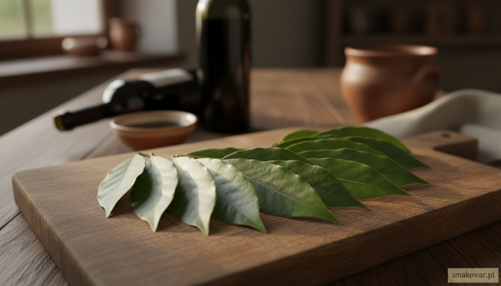 A close-up of fresh bay leaves, vibrant and green, arranged elegantly on a rustic wooden surface. The leaves should be glossy, showcasing their rich texture and subtle veins, reflecting the soft, warm glow of natural light. In the background, slightly blurred, there are hints of a traditional kitchen setting—perhaps a wooden table, with a bottle of red wine and a small bowl of vinegar, symbolizing the marinating process. The atmosphere is inviting and homely, designed to evoke the warmth of a cooking space where traditional recipes are cherished. The overall composition should convey a sense of warmth and culinary tradition, suitable for an article about Sauerbraten, presented by smakowar.pl.
