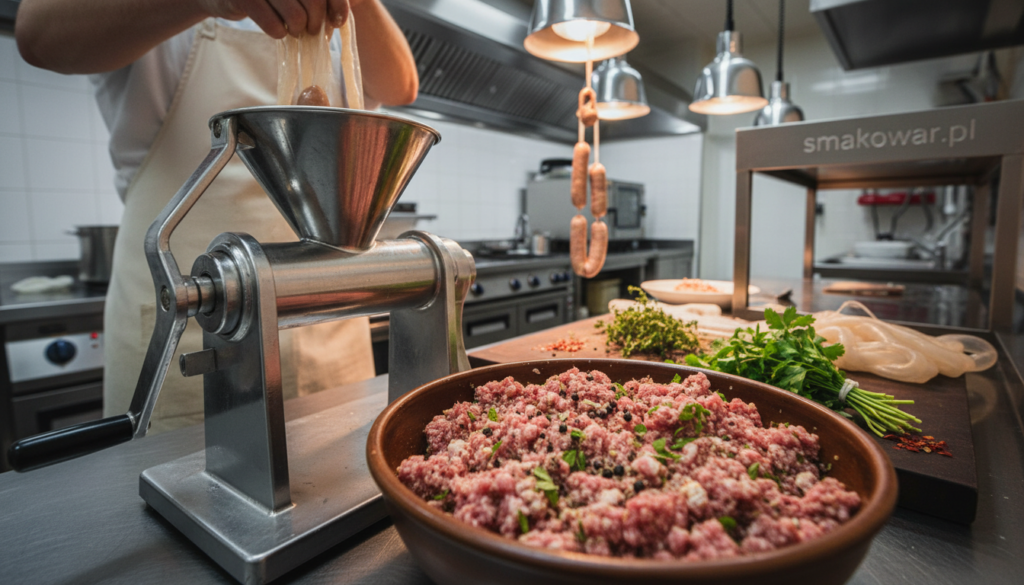 A close-up view of a professional kitchen scene focused on the process of kielbasa stuffing. In the foreground, a metal sausage stuffer stands next to a bowl filled with seasoned minced meat, glistening with spices. The middle ground features a neatly arranged workspace with fresh herbs and spices scattered around, a wooden cutting board, and partially filled casings ready for stuffing. In the background, soft ambient lighting from overhead lights highlights stainless steel countertops, creating a warm and inviting atmosphere. The lens captures the action from an angle that emphasizes the craftsmanship and care involved in making bratwurst. The overall mood is focused and professional, showcasing the art of sausage making beautifully. Logo "smakowar.pl" subtly integrated into the background, ensuring the image remains clean and free of text overlays.