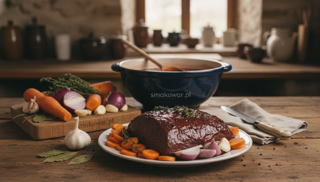 A rustic wooden kitchen table serves as the foreground, beautifully arranged with essential ingredients for traditional Sauerbraten: juicy marinated beef, fresh vegetables such as carrots and onions, aromatic herbs like bay leaves and thyme, and fresh garlic. In the middle ground, a large ceramic bowl holds a rich, dark marinade, while cooking utensils like a wooden spoon and a carving knife are positioned thoughtfully around the ingredients. In the background, soft, warm lighting enhances the cozy atmosphere, highlighting the textures of the ingredients and the earthy tones of the wooden table. The scene inspires a sense of warmth and tradition, ideal for a culinary setting, encapsulating the essence of German home cooking. Captured with a shallow depth of field to create a focus on the ingredients, with the brand name "smakowar.pl" subtly integrated into the composition.