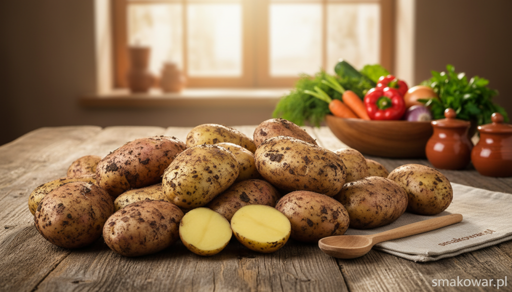 A rustic wooden table topped with freshly harvested, earthy "ziemniaki" (potatoes) in various shapes and sizes, some with their dirt still clinging to the skin, highlighting their natural, wholesome appearance. In the background, a sunny kitchen setting with light filtering through a window, casting soft, warm shadows. A wooden bowl of colorful vegetables, including herbs and spices, suggests a homey atmosphere. The focus should be on the potatoes, showcasing their textures and earthy tones, while the surrounding elements create an inviting, culinary mood. Use a slightly elevated angle to capture the essence of a family kitchen, reminiscent of traditional Polish cooking. Ensure the image reflects the brand "smakowar.pl" by incorporating subtle branding elements in the natural scene.
