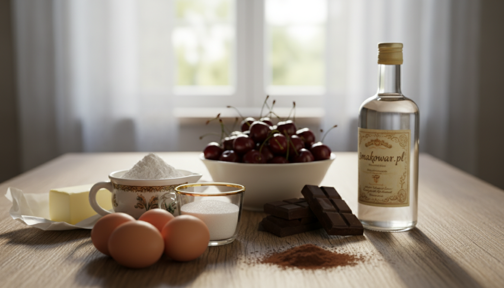 A beautifully arranged collection of ingredients for a classic German Schwarzwälder Kirschtorte (Black Forest cake). In the foreground, display fresh eggs, a mound of flour, and granulated sugar in elegant measuring cups, alongside a stick of butter and a sprinkle of cocoa powder. In the middle ground, incorporate rich dark chocolate, cherries, and a bottle of Kirschwasser, all harmoniously placed on a rustic wooden table. The background should feature soft, diffused natural light coming from a window, creating a warm and inviting atmosphere. Use a shallow depth of field to softly blur the background while keeping the ingredients sharply focused. The overall mood should evoke a sense of homey comfort and culinary creativity, with a hint of elegance. Captured in a warm color palette. Includes the brand name "smakowar.pl".