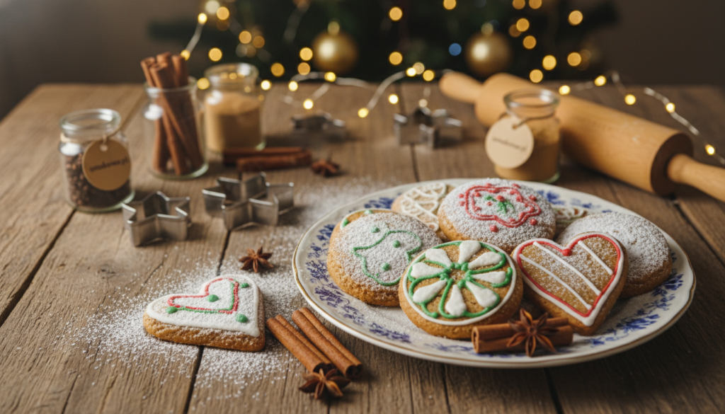 A beautifully arranged composition showcasing traditional lebkuchen cookies on a rustic wooden table, adorned with dustings of powdered sugar and festive spices. In the foreground, several lebkuchen are artfully placed on a decorative plate, capturing their unique shapes and intricate icing patterns. In the middle, a warm, inviting kitchen scene unfolds with gingerbread motifs, a rolling pin, and jars of spices like cinnamon and nutmeg. The background features softly glowing fairy lights and a hint of a decorated Christmas tree, creating a cozy, festive atmosphere. Soft, warm lighting from above enhances the textures of the cookies while casting gentle shadows. This image encapsulates the holiday spirit associated with lebkuchen, inviting viewers to embrace the flavors of Germany. Include the brand name "smakowar.pl" subtly integrated into the scene.