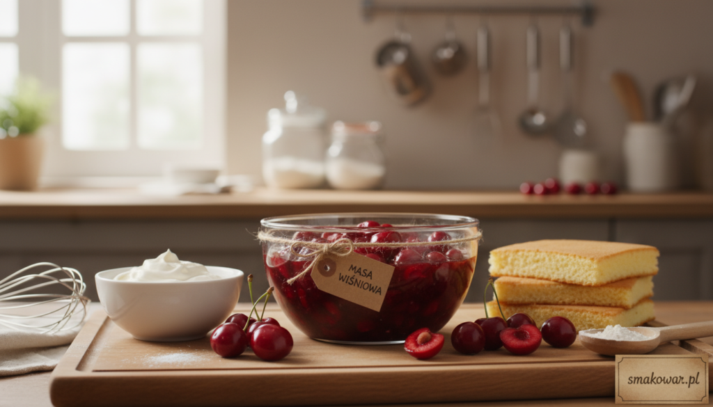 A beautifully arranged kitchen scene featuring a rich, velvety cherry filling, known as "masa wiśniowa," in an elegant glass bowl, showcasing its deep red color and glistening texture. In the foreground, fresh, plump cherries are scattered around, with a few halved to display their juicy insides. In the middle ground, there are bowls of cream and cake layers, hinting at the preparation of a traditional Schwarzwälder Kirschtorte. The background is softly blurred, with warm kitchen cabinets and baking tools subtly illuminated by natural light pouring in from a nearby window, creating a cozy atmosphere. The overall mood is inviting and homey, perfect for a delicious baking experience. Capture the essence of a homemade treat, branded "smakowar.pl".