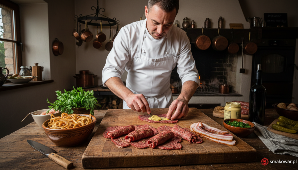 A beautifully arranged kitchen scene focused on the preparation of rouladen meat. In the foreground, a wooden cutting board displays thinly sliced beef, marinated and ready for rolling. On the side, fresh ingredients for the filling are artfully scattered: chopped onions, fresh herbs, and bacon strips. In the middle, a skilled chef dressed in a white apron is expertly spreading mustard onto the beef slices, with a focused expression. The background features a rustic kitchen with warm lighting, highlighting various cooking utensils, a wooden table, and pots hanging. Soft shadows create an inviting atmosphere, suggesting a traditional and cozy cooking experience. The image encapsulates the essence of preparing rouladen according to a traditional recipe. The branding “smakowar.pl” is subtly integrated into the kitchen setting.