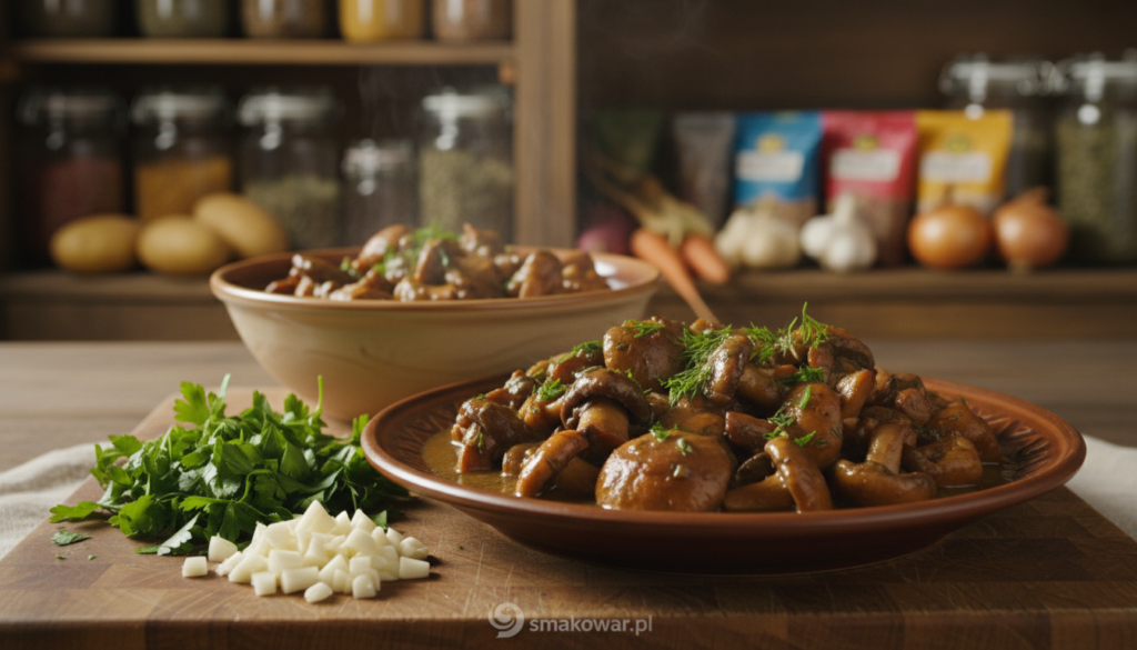 A beautifully arranged plate featuring "grzyby w sosie" as the central focus, showcasing luscious mushrooms in a rich, brown sauce, glistening with hints of herbs. The foreground displays a wooden cutting board with freshly chopped parsley and garlic, providing vibrant color contrast. In the middle ground, a steaming bowl of the dish is elegantly presented, with smooth, velvety sauce pooling around the mushrooms. In the background, soft kitchen ambiance with blurred shelves of rustic spices and vegetables, creating a warm and inviting atmosphere. Natural overhead lighting casts gentle shadows, emphasizing the textures of the dish. The overall mood is cozy and homey, perfect for a traditional cooking theme. Logo "smakowar.pl" subtly integrated into the scene.