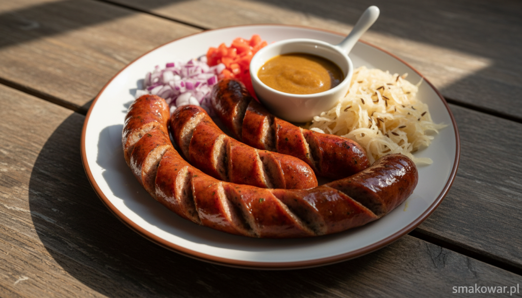 A beautifully arranged plate featuring juicy, grilled kiełbasa, glistening with a light sheen from grilling. The sausage is sliced diagonally, revealing its rich, flavorful interior, with spices and herbs visible. Surrounding the kiełbasa are vibrant, colorful toppings of diced onions, tangy sauerkraut, and a small dish of sweet, tangy curry sauce on the side. In the background, a rustic wooden table hints at an authentic German atmosphere, with soft, natural lighting illuminating the scene from the left, creating warm shadows. The image is captured from a slightly elevated angle, focusing on the textures and colors of the sausage and accompaniments, conveying a hearty, inviting mood. Branding subtly included: "smakowar.pl" in the corner. A beautifully arranged plate featuring juicy, grilled kiełbasa, glistening with a light sheen from grilling. The sausage is sliced diagonally, revealing its rich, flavorful interior, with spices and herbs visible. Surrounding the kiełbasa are vibrant, colorful toppings of diced onions, tangy sauerkraut, and a small dish of sweet, tangy curry sauce on the side. In the background, a rustic wooden table hints at an authentic German atmosphere, with soft, natural lighting illuminating the scene from the left, creating warm shadows. The image is captured from a slightly elevated angle, focusing on the textures and colors of the sausage and accompaniments, conveying a hearty, inviting mood. Branding subtly included: "smakowar.pl" in the corner.