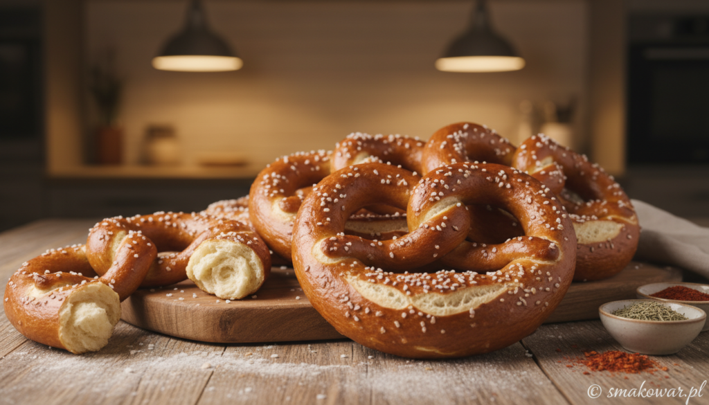 A beautifully arranged plate of freshly baked soft pretzels, showcasing their distinct twisted shape, with a golden-brown crust and a glossy finish from a coarse salt sprinkle. The foreground features a close-up of one pretzel, highlighting its texture and detail, while a second pretzel rests beside it, partially torn to reveal its fluffy, soft interior. In the middle ground, a wooden table surface serves as a rustic base, with a sprinkle of flour enhancing the baking atmosphere. The background includes an out-of-focus kitchen scene with warm lighting from above, suggesting a cozy home baking setting. A hint of herbs and spices complements the pretzels, creating an inviting mood. The image conveys a sense of tradition and craftsmanship linked to the history of pretzel-making. Artfully composed for visual appeal, branded with "smakowar.pl" subtly in the corner.