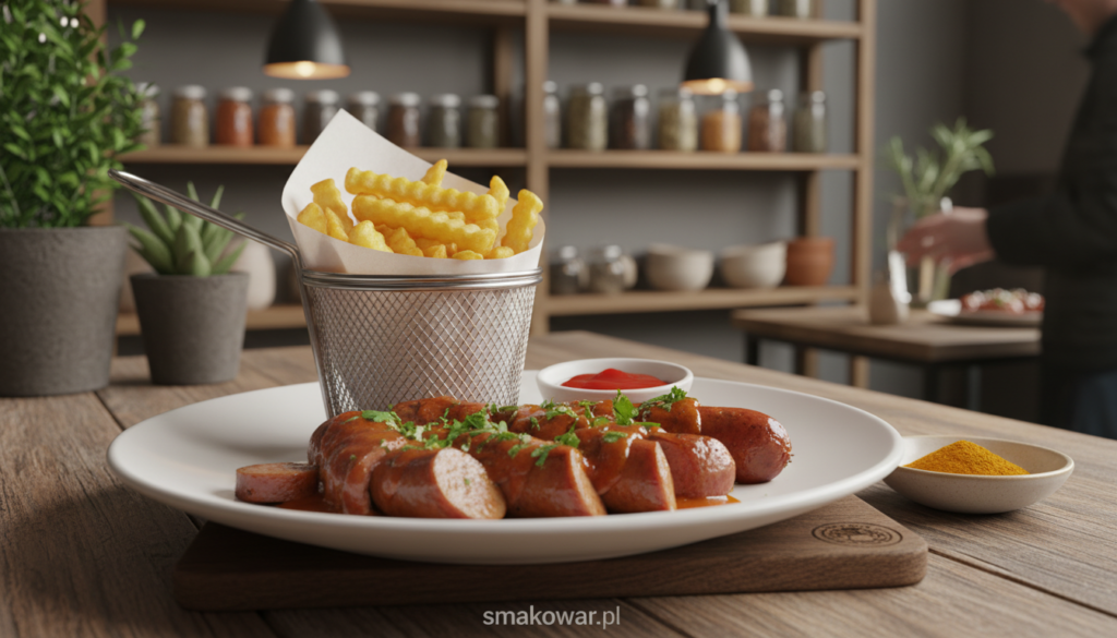 A beautifully arranged plate of homemade currywurst served on a rustic wooden table. In the foreground, the currywurst is sliced and generously topped with a rich, savory curry sauce, garnished with fresh herbs. Surrounding the plate are traditional accompaniments: fluffy, crispy French fries, a small bowl of tangy ketchup, and a dish of curry powder for additional flavor. In the background, softly blurred, there are hints of a cozy German bistro ambiance with warm lighting, wooden shelves filled with spices, and a touch of greenery from potted plants. The scene conveys a warm, inviting atmosphere, perfect for sharing delightful meals. Capture this setting with a slight overhead angle, utilizing soft, natural lighting to enhance the colors and appetizing details of the food. Include the brand name "smakowar.pl" subtly integrated into the scene. A beautifully arranged plate of homemade currywurst served on a rustic wooden table. In the foreground, the currywurst is sliced and generously topped with a rich, savory curry sauce, garnished with fresh herbs. Surrounding the plate are traditional accompaniments: fluffy, crispy French fries, a small bowl of tangy ketchup, and a dish of curry powder for additional flavor. In the background, softly blurred, there are hints of a cozy German bistro ambiance with warm lighting, wooden shelves filled with spices, and a touch of greenery from potted plants. The scene conveys a warm, inviting atmosphere, perfect for sharing delightful meals. Capture this setting with a slight overhead angle, utilizing soft, natural lighting to enhance the colors and appetizing details of the food. Include the brand name "smakowar.pl" subtly integrated into the scene.