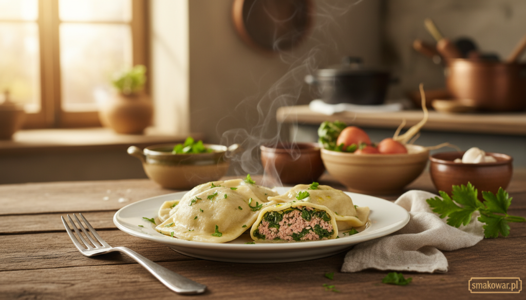 A beautifully arranged plate of traditional German Maultaschen, or "niemieckie pierogi," sits elegantly on a rustic wooden table. The dumplings, filled with a savory mixture of minced meat, spinach, and herbs, are garnished with fresh chopped parsley and a drizzle of olive oil. In the foreground, a fork is poised above the plate, ready to take a bite, while steam gently rises from the hot dumplings, hinting at their fresh, homemade quality. In the middle background, a soft focus of a traditional German kitchen reveals hints of vintage cookware and fresh ingredients. The scene is warmly lit, with golden sunlight streaming in through a nearby window, creating an inviting and cozy atmosphere. The overall mood reflects the rich history and tradition of this beloved dish, capturing its essence for "smakowar.pl."