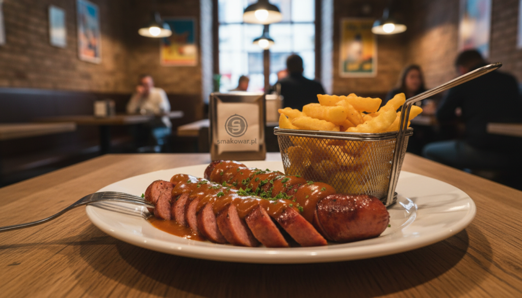 A beautifully arranged plate of traditional currywurst, showcasing juicy, sliced sausages drizzled with a rich, aromatic curry sauce, garnished with a sprinkle of fresh parsley. The foreground features a fork poised beside the plate, ready for a bite, highlighting the delectable texture of the sausages. In the middle, a vibrant side of crispy, golden fries, lightly seasoned, complements the dish. The background captures the ambiance of a cozy Berlin eatery, with warm wooden tables and soft, inviting lighting, evoking a sense of comfort and authenticity. The scene is shot from a slightly elevated angle to emphasize the dish's colors and details, providing a mouthwatering presentation. The brand name "smakowar.pl" subtly integrated into the setting without overshadowing the delicious focus on the currywurst. A beautifully arranged plate of traditional currywurst, showcasing juicy, sliced sausages drizzled with a rich, aromatic curry sauce, garnished with a sprinkle of fresh parsley. The foreground features a fork poised beside the plate, ready for a bite, highlighting the delectable texture of the sausages. In the middle, a vibrant side of crispy, golden fries, lightly seasoned, complements the dish. The background captures the ambiance of a cozy Berlin eatery, with warm wooden tables and soft, inviting lighting, evoking a sense of comfort and authenticity. The scene is shot from a slightly elevated angle to emphasize the dish's colors and details, providing a mouthwatering presentation. The brand name "smakowar.pl" subtly integrated into the setting without overshadowing the delicious focus on the currywurst.
