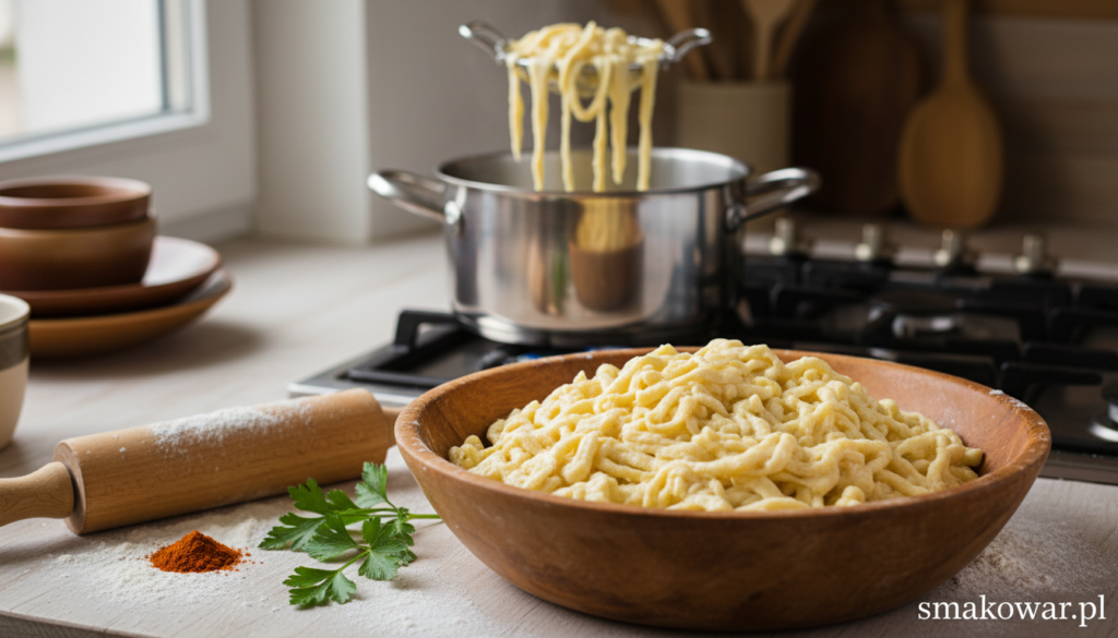 A beautifully arranged scene showcasing the preparation of Käsespätzle dough, emphasizing its fluffy and smooth texture. In the foreground, a wooden bowl filled with freshly made ciasto is highlighted, with a rolling pin dusted with flour beside it. Sprigs of parsley and a small pile of spices add vibrant color to the setting. In the middle background, a pot of boiling water simmers on the stove, with homemade spätzle emerging as the main focus. Soft, natural lighting illuminates the kitchen to create a warm, inviting atmosphere. The scene conveys an essence of homely cooking, perfect for family meals. The branding "smakowar.pl" appears subtly in the corner of the image, enhancing the professional look without overwhelming the viewer.