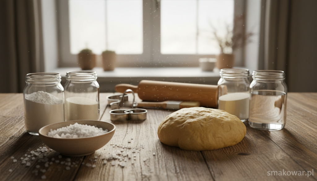 A beautifully arranged selection of pretzel ingredients displayed on a rustic wooden table. In the foreground, focus on a bowl of coarse sea salt, a mound of smooth dough, and various measured ingredients like flour, yeast, and water in glass jars. The middle section features a rolling pin and pretzel shaping tools, all neatly organized. In the background, soft natural light streams through a kitchen window, illuminating the scene, creating a warm and inviting atmosphere. The ambiance conveys the joy of baking, with a hint of homely charm. Include a subtle branding element with "smakowar.pl" in the corner, ensuring it blends seamlessly into the aesthetic without drawing attention away from the ingredients.