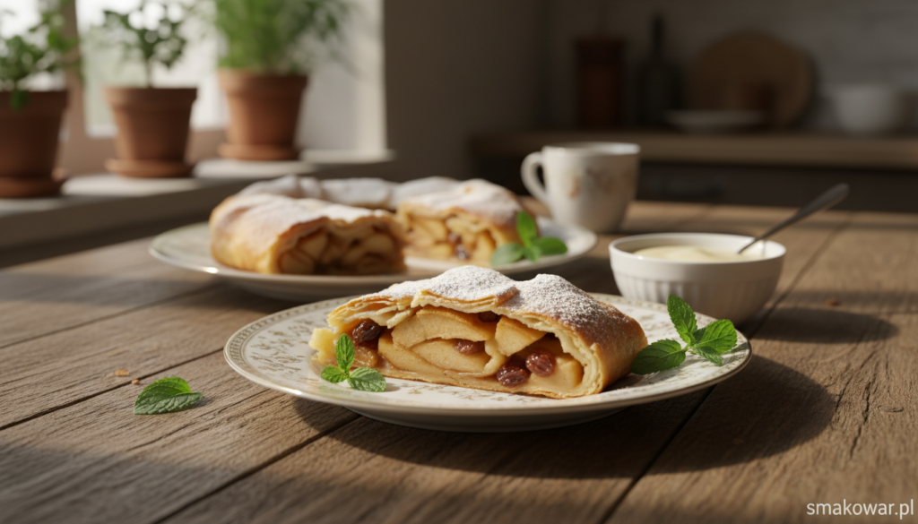 A beautifully arranged slice of apple strudel, freshly baked and glistening with a light dusting of powdered sugar, sits on a rustic wooden table. The flaky pastry reveals delicate layers intertwined with juicy, caramelized apples and a hint of cinnamon. Next to the strudel, a small bowl of vanilla sauce adds a creamy touch. In the background, soft, warm light filters through a nearby window, creating a cozy atmosphere with gentle shadows that highlight the textures of the dessert. The scene is styled with a few sprigs of fresh mint and a delicate porcelain plate beneath the strudel, enhancing the inviting composition. The image should evoke warmth and comfort, reflecting the delightful experience of enjoying this classic dessert. captura en un ambiente hogareño. Ideal for use in an article by smakowar.pl.