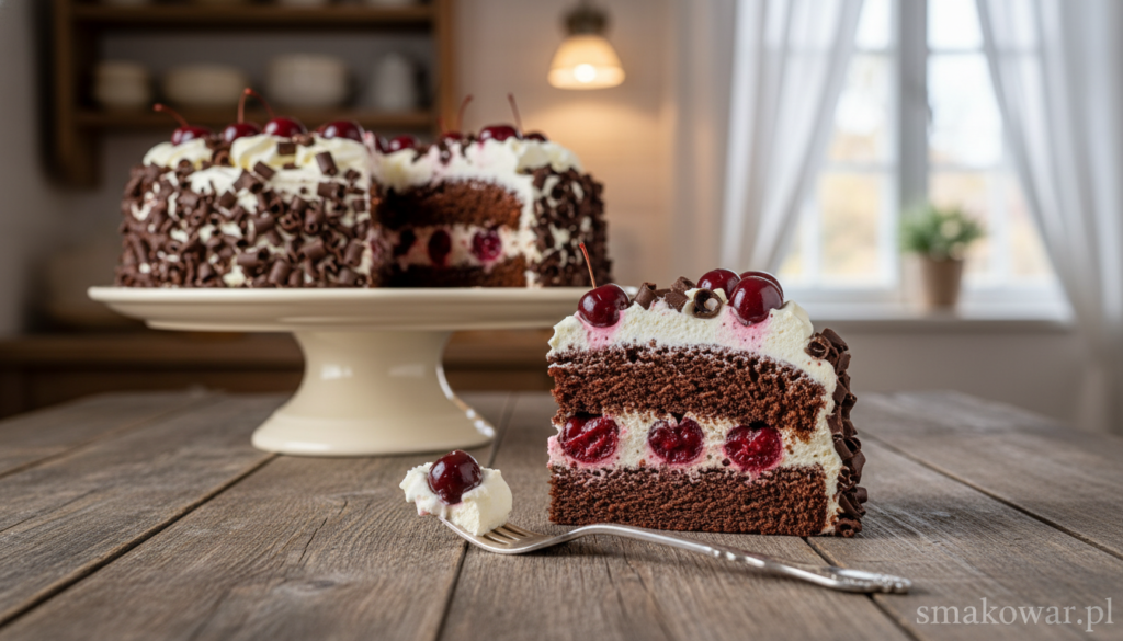 A beautifully arranged slice of classic Schwarzwälder Kirschtorte (Black Forest cake) on a rustic wooden table, showcasing layers of rich chocolate sponge, whipped cream, and glistening cherries. The foreground presents a delicate fork resting beside the slice, with a small dollop of cream and a cherry on top. In the middle ground, a whole cake sits elegantly on a vintage ceramic cake stand, garnished with chocolate shavings and cherries, with soft, diffused natural light illuminating its layers. The background features blurred elements of a cozy kitchen environment, including subtly rustic decor and ambient lighting that creates a warm and inviting atmosphere. Focused lens effect that enhances the vibrant colors of the cake, capturing its indulgent texture. The branding "smakowar.pl" is subtly suggested through the ambiance, enhancing the authentic feel of this culinary masterpiece.