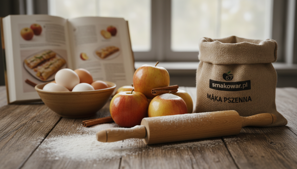 A beautifully arranged still life of ingredients for traditional apple strudel, showcasing a flour sack, eggs in a rustic bowl, and fresh golden apples with hints of cinnamon sticks and sugar scattered around. The foreground features a wooden rolling pin and a dusting of flour on a rustic wooden table, creating a homey, inviting atmosphere. In the middle, the eggs and apples are carefully placed, highlighting their textures and colors under soft, warm lighting. The background is softly blurred, with hints of an open cookbook displaying an apple strudel recipe. The mood is cozy and welcoming, evoking the joy of baking. The image should reflect the essence of “smakowar.pl,” emphasizing rich, natural colors and wholesome ingredients.