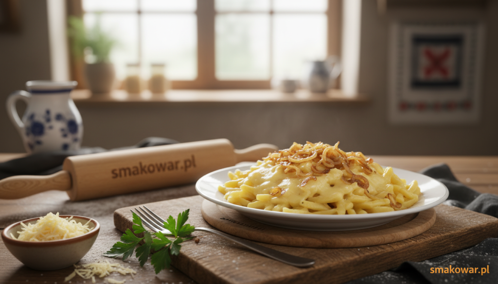 A beautifully styled plate of Käsespätzle, showcasing the golden-brown noodles generously topped with melted cheese and crispy fried onions. In the foreground, a wooden cutting board adorned with a sprig of fresh parsley and a small bowl of grated cheese, invitingly placed beside the main dish. The middle ground features a rustic kitchen setting, with a rolling pin and flour scattered lightly, hinting at the preparation process. In the background, soft natural light filters through a window, casting a warm, inviting glow throughout the scene, enhancing the cozy atmosphere. A hint of traditional German decor can be seen, creating an authentic culinary experience. The branding "smakowar.pl" subtly integrated into the composition for a cohesive look.