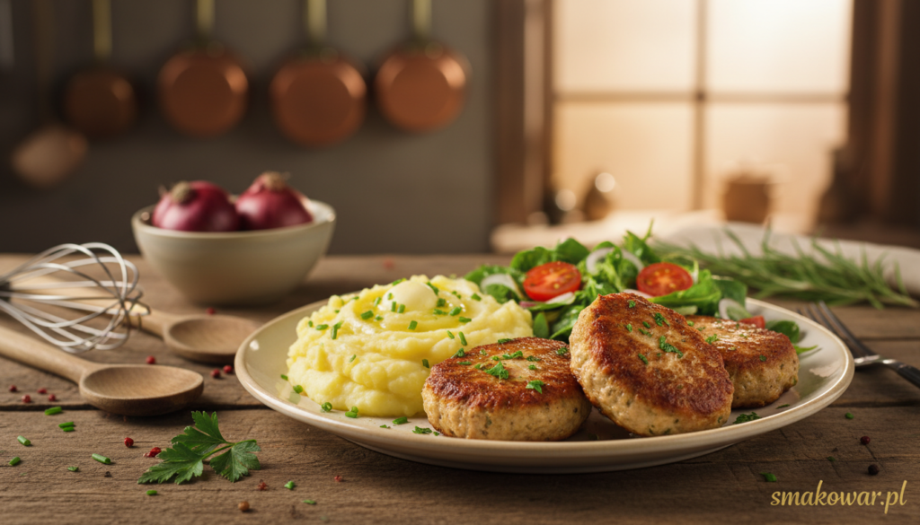 A beautifully styled plate of frikadellen, showcasing golden-brown meatballs garnished with fresh parsley. The foreground features the appetizing frikadellen arranged artfully, with a side of creamy mashed potatoes and a vibrant green salad. In the middle ground, a rustic wooden table adds warmth, complemented by a few cooking utensils and fresh ingredients like onions and herbs nearby. The background is softly blurred, hinting at a cozy kitchen ambiance with warm lighting, evoking a homey and inviting atmosphere. The scene captures the essence of comfort food, perfect for family gatherings or special occasions. At the bottom corner, prominently display the brand name "smakowar.pl" in an elegant, unobtrusive manner.