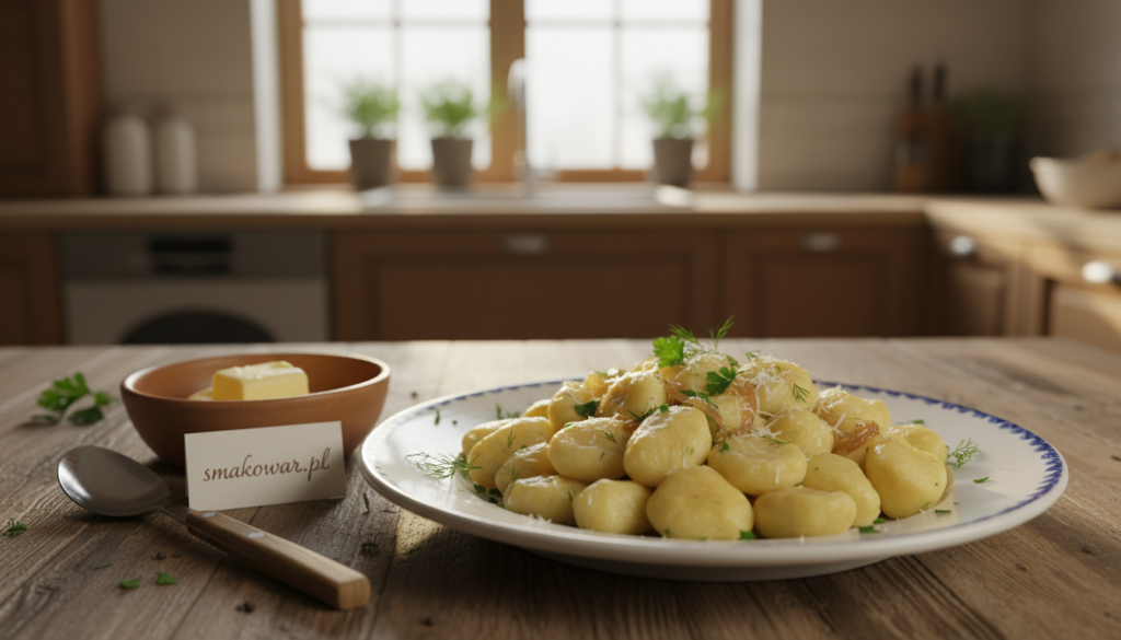 A beautifully styled plate of homemade Szpecle, delicately arranged in the foreground, showcasing the light, fluffy dumplings with a golden hue. Surrounding the Szpecle, a vibrant array of fresh ingredients such as chopped herbs, sautéed onions, and a sprinkle of cheese for garnish, highlighting their complementary flavors. In the middle ground, a rustic wooden table setting with a small bowl of soft butter and a serving spoon, evoking a cozy kitchen atmosphere. The background features a softly blurred, brightly lit kitchen environment with warm wooden cabinets and a hint of natural light filtering through a window, creating a welcoming and homely vibe. The overall mood is inviting and warm, perfect for a comfort food theme. The brand name "smakowar.pl" subtly included in the scene.
