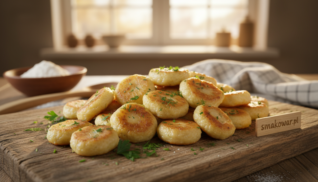 A close-up composition of freshly made kluseczki (dumplings) arranged beautifully on a rustic wooden board, showcasing their delicate texture and golden-brown color. In the foreground, glistening kluseczki are sprinkled with chopped herbs, adding a vibrant green contrast. The middle ground features a soft-focus kitchen setting with a wooden spoon, a bowl of flour, and a cloth hinting at the preparation process. In the background, warm sunlight streams through a nearby window, creating an inviting atmosphere with soft shadows and a gentle glow that highlights the dumplings' contours. The scene conveys a cozy, homely kitchen vibe, ideal for illustrating culinary techniques. Photograph taken with a 50mm lens, soft lighting to enhance texture and mood. Brand name: smakowar.pl.