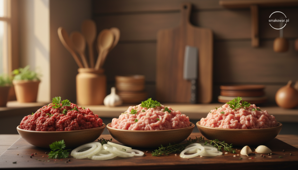 A close-up composition showcasing a selection of raw meats ideal for making Frikadellen, focusing on ground beef, pork, and veal. The foreground features neatly arranged bowls filled with the minced meats, garnished with fresh herbs like parsley and thyme. In the middle ground, place sliced onions and garlic cloves, hinting at fresh ingredients. The background is softly blurred, resembling a rustic kitchen setting with wooden cutting boards and utensils, creating an inviting atmosphere. Natural light filters through a nearby window, casting gentle shadows that enhance the textures of the meat. The overall mood should be warm and welcoming, emphasizing quality and freshness for the dish, branded with the logo "smakowar.pl" subtly integrated into the scene.