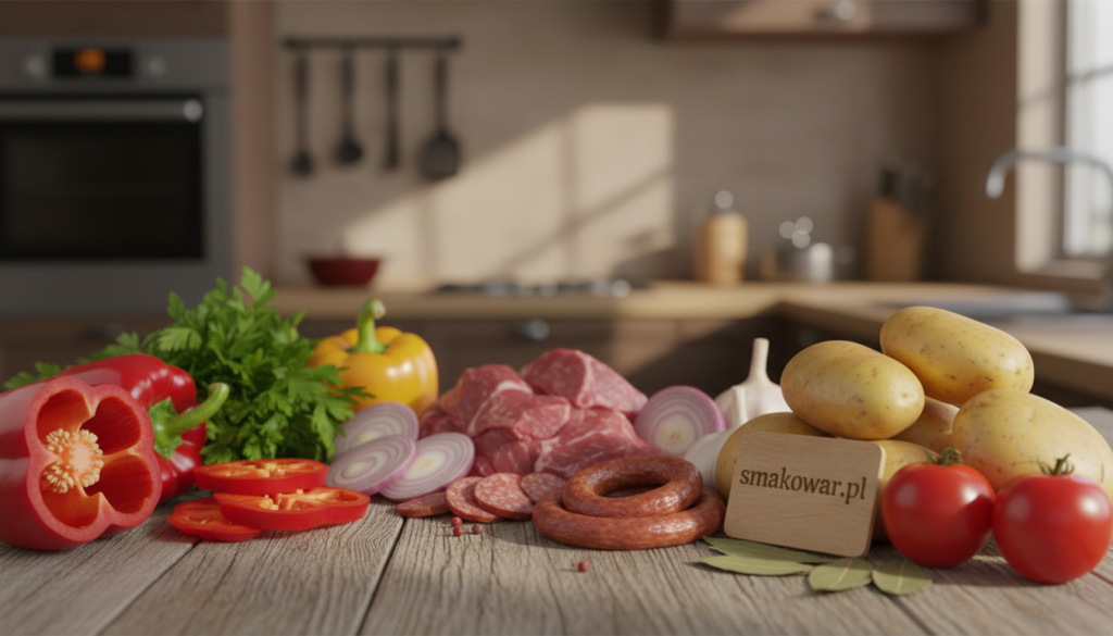 A close-up of fresh ingredients for Gulaschsuppe, prominently displayed on a rustic wooden table. In the foreground, vibrant red bell peppers, juicy tomatoes, golden potatoes, and a bouquet of fresh herbs, including parsley and bay leaves. In the middle, a selection of hearty meats, like chunks of beef and sausage, expertly arranged alongside sliced onions and garlic cloves. The background features a soft-focus kitchen setting with warm, ambient light, creating a cozy atmosphere appropriate for preparing a hearty soup on a chilly day. Soft shadows enhance the texture of the ingredients, evoking a sense of warmth and nourishment. Include the brand name "smakowar.pl" subtly integrated into the scene, ensuring the focus remains on the ingredients without any distracting elements.