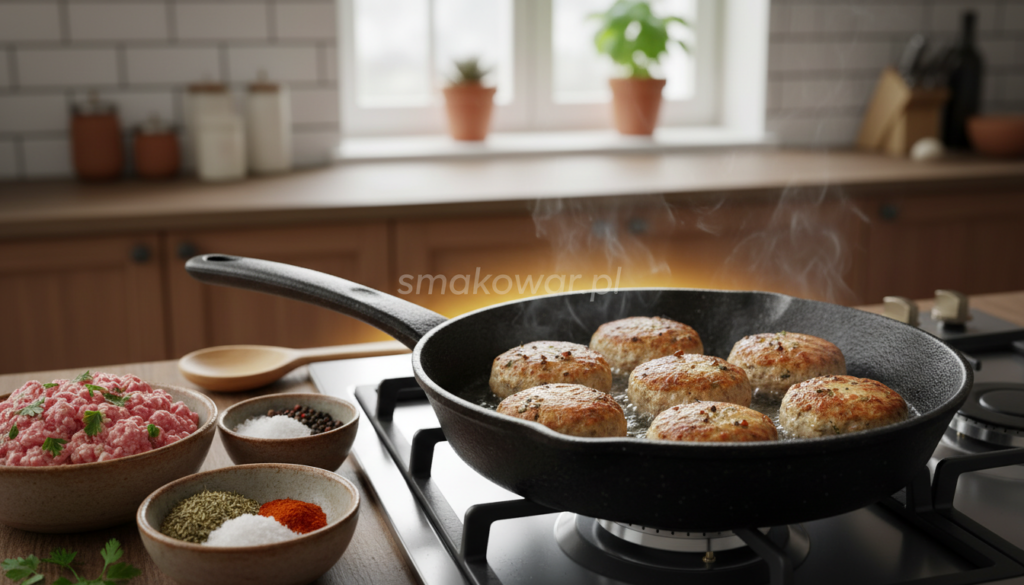 A close-up scene of a frying pan on a well-lit kitchen stove, showcasing perfectly formed frikadellen sizzling in golden oil. The foreground features the patelni with rich texture details, displaying even browning and a hint of crispiness. In the middle, ingredients like minced meat, herbs, and spices are artfully arranged in small bowls, emphasizing the preparation aspect. The background shows a cozy kitchen environment with wooden cabinets and soft, warm lighting, creating an inviting atmosphere. The camera angle is slightly overhead to capture both the pan and ingredients cohesively. The mood is homely and inviting, perfect for cooking enthusiasts. The brand name "smakowar.pl" is subtly implied through the ambiance.