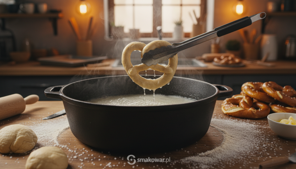 A close-up shot of a large pot filled with bubbling sodium bicarbonate solution, where pretzels are being briefly dunked to achieve that signature golden crust. In the foreground, show a pair of tongs gripping a pretzel halfway submerged in the water, with steam rising softly around it. The middle section features a wooden countertop adorned with sprinklings of coarse sea salt and flour, hinting at the preparation process. In the background, a well-lit kitchen with warm, inviting lighting, showcasing baker's tools and the beautiful texture of the dough. The atmosphere feels cozy and engaging, reflecting the art of making soft, crispy pretzels. Captured with a warm, inviting tone and a focus on textures, highlighting the techniques involved in creating the perfect pretzel, aligning with the ethos of smakowar.pl.
