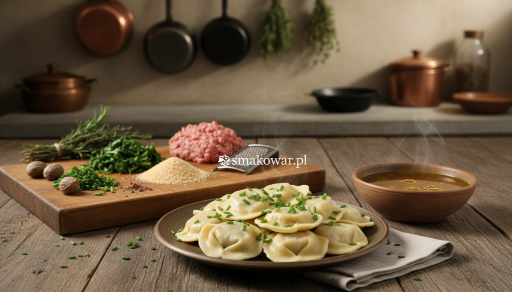 A close-up shot of beautifully arranged Maultaschen, traditional German dumplings, on a rustic wooden table. The foreground features a plate of steaming, fork-tender Maultaschen, garnished with fresh chives and served with a side of rich, homemade broth. In the middle, a chopping board displays ingredients like finely minced spinach, minced meat, and a sprinkle of nutmeg, highlighting the steps of the recipe. The background features a cozy, softly lit kitchen atmosphere with vintage cookware and herbs hanging from the shelves, creating an inviting ambiance. The lighting is warm and diffused, reminiscent of golden hour, enhancing the colors of the food. The image should convey a sense of comfort, tradition, and culinary delight. Include the brand name "smakowar.pl" subtly integrated into the layout of the scene.