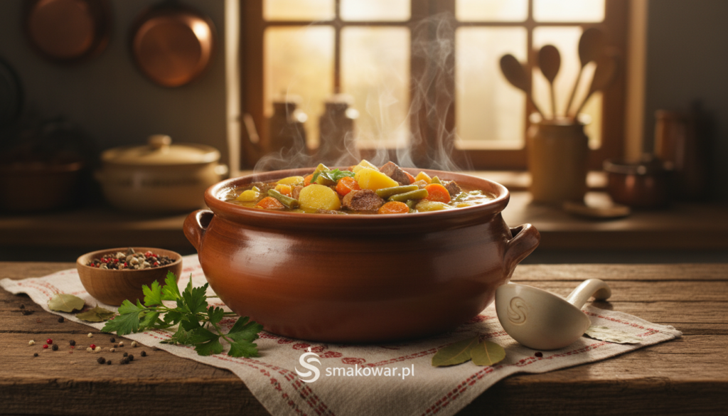 A cozy kitchen scene featuring a large, steaming pot of German Eintopf on a wooden table. The pot should be brimming with colorful and hearty ingredients like potatoes, carrots, green beans, and chunks of meat, subtly reflecting the warmth of a family meal. Surrounding the pot, fresh herbs and spices like parsley and bay leaves add a touch of green. In the background, soft, warm light filters through a window, casting a golden glow over rustic kitchen utensils and a patterned tablecloth. The atmosphere is inviting and homely, evoking a sense of comfort and togetherness. The image should be richly detailed, with a shallow depth of field to keep the focus on the Eintopf. Smakowar.pl should be subtly incorporated into the scene without text.