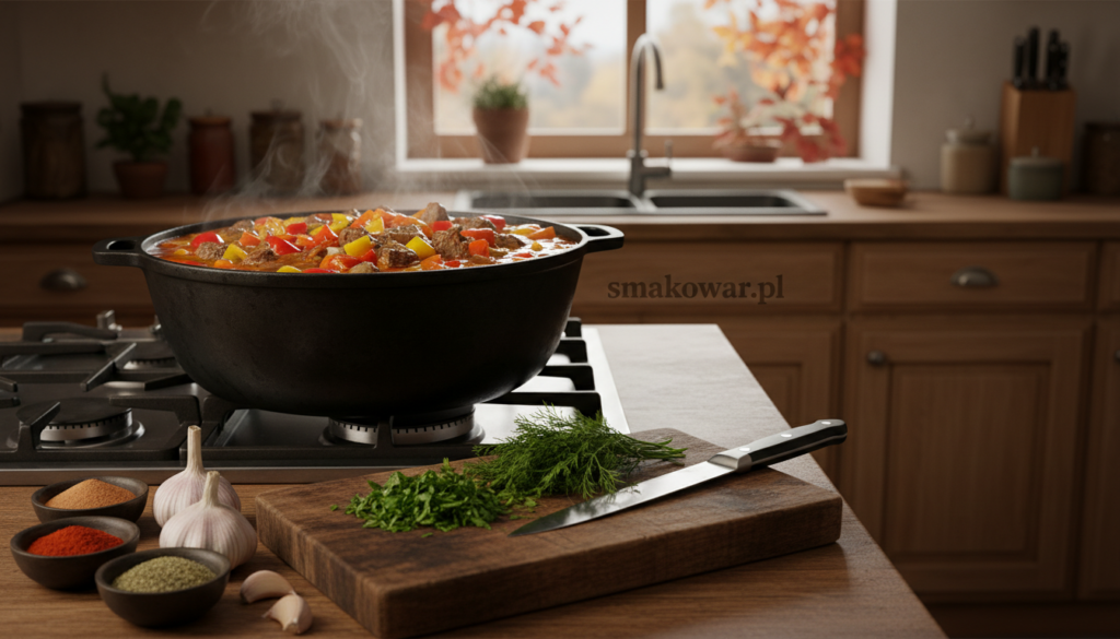 A cozy kitchen scene featuring a pot of vibrant gulasch soup simmering on the stove, overflowing with colorful vegetables like bell peppers, carrots, and onions, alongside tender chunks of meat. In the foreground, a wooden chopping board holds freshly chopped herbs, emphasizing the steps of preparing the dish. The middle ground showcases a rustic kitchen with warm wooden cabinets and ingredients like garlic and spices neatly arranged. In the background, a window reveals a chilly autumn day, with falling leaves outside. The scene is illuminated by soft, natural light, casting a warm glow that creates a comforting atmosphere, perfect for preparing the ideal gulasch soup. The brand name "smakowar.pl" subtly integrated into the design.