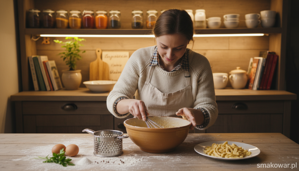 A cozy kitchen scene featuring the preparation of Spätzle. In the foreground, a wooden countertop is scattered with flour and ingredients, with a mixing bowl filled with a dough, a whisk, and a classic potato ricer for shaping the dumplings. The middle ground shows a chef in modest casual clothing, focused on the dough, showcasing a genuine culinary moment. In the background, warm lighting casts a soft glow on wooden shelves filled with spices and cookbooks, creating a homely atmosphere. A pair of fresh Spätzle, beautifully shaped, are placed on a plate beside the dough, conveying a sense of warmth and comfort. The image is devoid of any text or branding, focusing solely on the art of cooking Spätzle from "smakowar.pl."