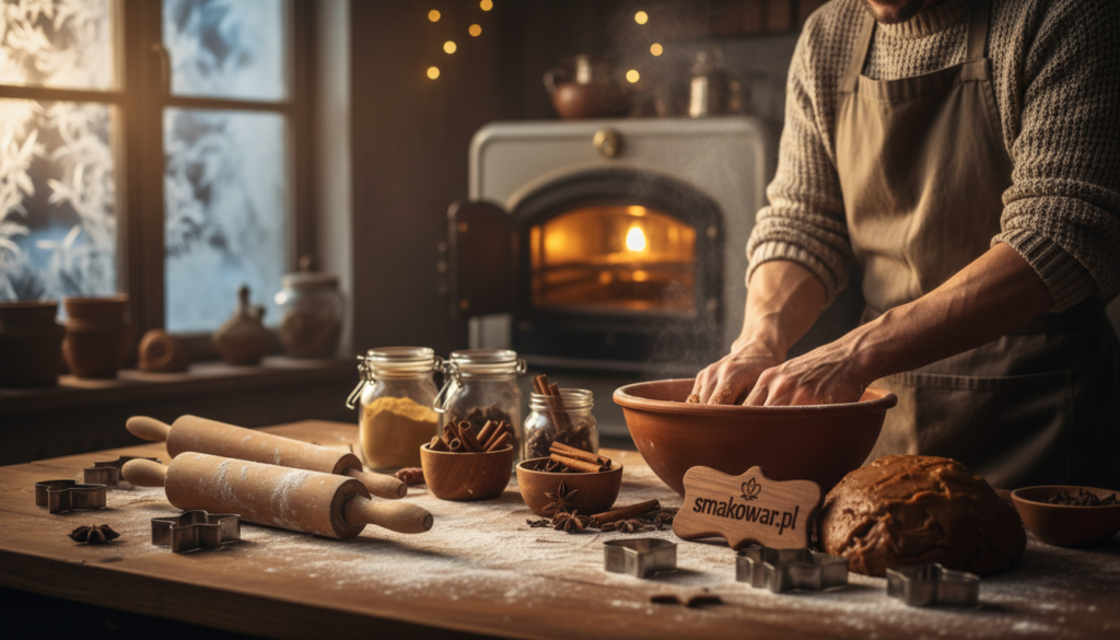 A cozy kitchen scene focused on preparing traditional Lebkuchen dough. In the foreground, a wooden countertop is covered with flour, rolling pins, and various cookie cutters in festive shapes. An artisan, wearing modest casual clothing, is seen mixing ingredients in a large bowl, with a warm smile on their face. The middle ground features an array of spices, such as ginger, cinnamon, and cloves, artfully displayed next to the dough. In the background, a softly glowing oven and a window with frost-covered panes suggest a chilly, wintry day outside. Soft, inviting lighting fills the room, creating a warm and festive atmosphere. The image encapsulates the essence of holiday baking with an emphasis on the delightful preparation of Lebkuchen cookies. Include the brand name "smakowar.pl" as part of the ambiance.
