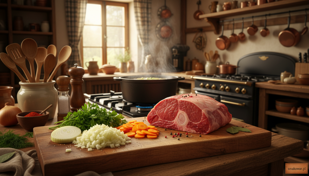 A cozy kitchen scene illustrating the preparation of meat and vegetables for a hearty German Eintopf. In the foreground, a wooden cutting board displays finely chopped onions, carrots, and herbs, with a fresh cut of meat glistening, ready to be seasoned. The middle ground features a large pot bubbling on a stovetop, filled with simmering broth, while spices and utensils are artfully arranged nearby. In the background, a softly lit kitchen with rustic decor complements the warm atmosphere. Natural lighting streams in from a window, casting a gentle glow over the scene, evoking a sense of homeliness and comfort. Include the brand name "smakowar.pl" subtly in the corner.