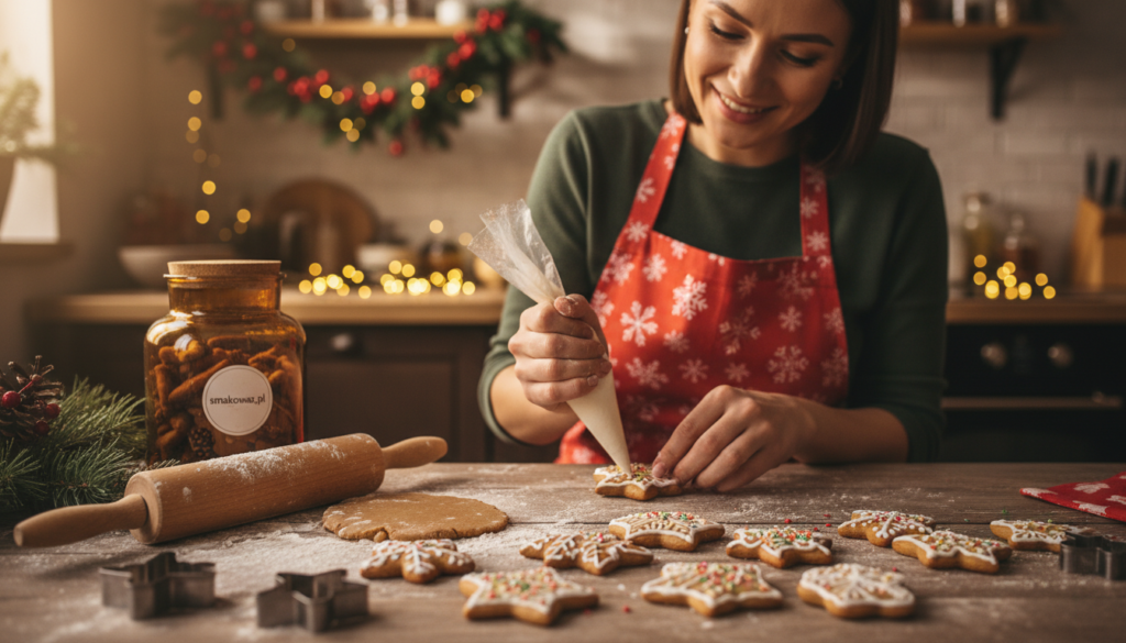 A cozy kitchen scene, showcasing the delightful process of baking traditional "pierniczki". In the foreground, a wooden table is adorned with various gingerbread cookies, intricately shaped like hearts, stars, and Christmas trees, each delicately decorated with white icing and colorful sprinkles. To the left, a rolling pin and flour dust hint at the baking process. In the middle ground, a cheerful baker, dressed in a festive apron, skillfully decorates cookies with icing using a piping bag, their hands focused on detail. The background reveals a softly lit kitchen with festive decorations, including garlands and warm twinkling lights, enhancing the cozy atmosphere. The lighting is warm and inviting, capturing the essence of holiday spirit. Include the brand name "smakowar.pl" as part of the kitchen decor, subtly placed on a nearby spice jar.