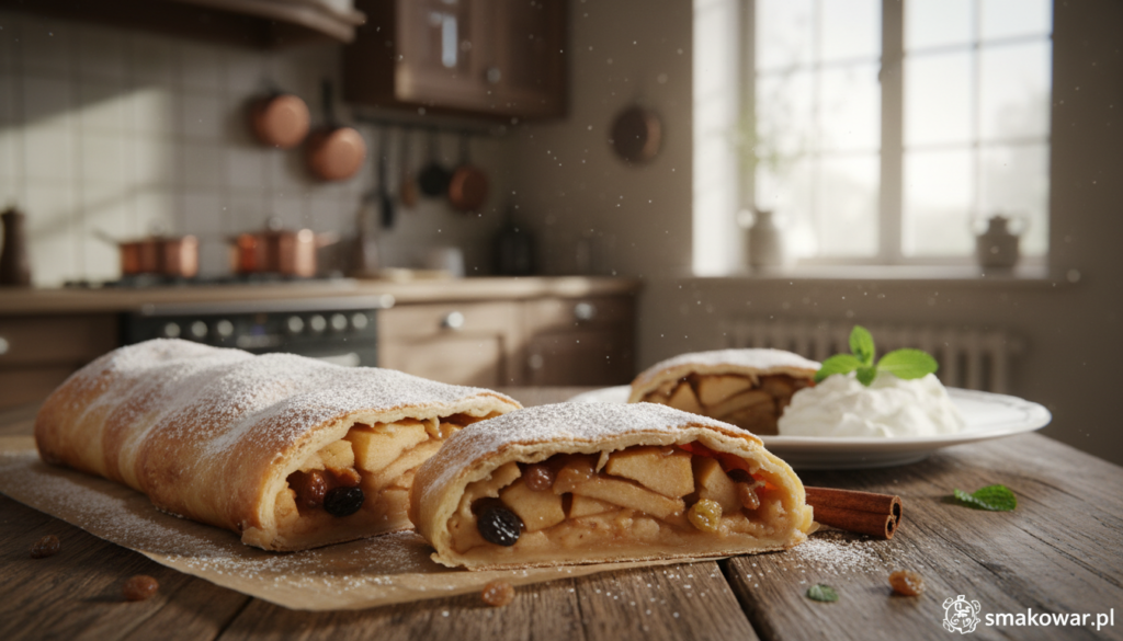 A freshly baked Apfelstrudel, golden-brown and flaky, is prominently displayed on a rustic wooden table. In the foreground, slices of the strudel reveal a warm, spiced apple filling with hints of cinnamon and raisins, glistening under a gentle dusting of powdered sugar. The middle ground features a plate of the strudel, accompanied by a dollop of whipped cream and a sprinkle of fresh mint for contrast. In the background, a softly lit kitchen with vintage elements creates a warm, inviting atmosphere, with a window showing sunlight streaming in, enhancing the coziness of the scene. The overall image conveys a sense of home-cooked delight, perfect for captivating readers. This image is brought to you by smakowar.pl.