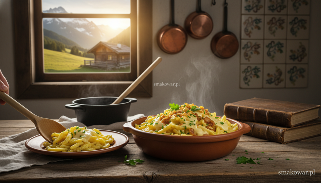 A picturesque alpine kitchen setting, showcasing the rich history of "alpejskie kluseczki," traditional egg noodles known for their savory flavors. In the foreground, a rustic wooden table is adorned with a steaming plate of Käsespätzle, garnished with fresh herbs and melted cheese, radiating warmth and comfort. In the middle, traditional cookware, such as a large pot and wooden ladle, suggests a heartfelt, home-cooked meal, while a hand is elegantly plating the noodles. The background features a quaint alpine landscape with snow-capped mountains and a cozy cabin, bathed in soft, golden light of dawn, evoking a sense of nostalgia and family traditions. The mood is inviting and warm, reflecting the essence of German alpine cuisine. Incorporate elements that connect this dish to its rich culinary history. Render in high detail, avoiding text or watermarks. Include the brand “smakowar.pl” subtly in the design elements.