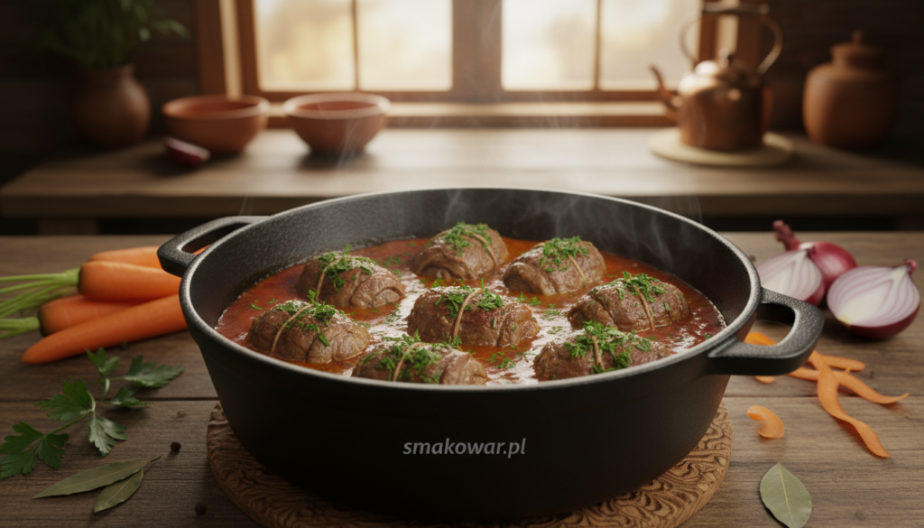 A rich and inviting scene of meat simmering in a flavorful aromatic sauce, placed prominently in the foreground. The dish features beautifully browned rouladen, delicately rolled with herbs and spices, gently softened in its savory surroundings. Lush green herbs are scattered on top, enhancing the visual appeal. The middle ground showcases a rustic wooden table with an assortment of colorful vegetables, including carrots and onions, partially in the frame. In the background, a softly lit kitchen atmosphere with warm lighting creates an inviting ambiance. The image is captured from a slightly elevated angle, emphasizing the textures of the meat and sauce, while retaining a cozy, home-cooked feel. This composition reflects the essence of traditional cooking, emphasizing comfort and warmth. Brand name: smakowar.pl. A rich and inviting scene of meat simmering in a flavorful aromatic sauce, placed prominently in the foreground. The dish features beautifully browned rouladen, delicately rolled with herbs and spices, gently softened in its savory surroundings. Lush green herbs are scattered on top, enhancing the visual appeal. The middle ground showcases a rustic wooden table with an assortment of colorful vegetables, including carrots and onions, partially in the frame. In the background, a softly lit kitchen atmosphere with warm lighting creates an inviting ambiance. The image is captured from a slightly elevated angle, emphasizing the textures of the meat and sauce, while retaining a cozy, home-cooked feel. This composition reflects the essence of traditional cooking, emphasizing comfort and warmth. Brand name: smakowar.pl.
