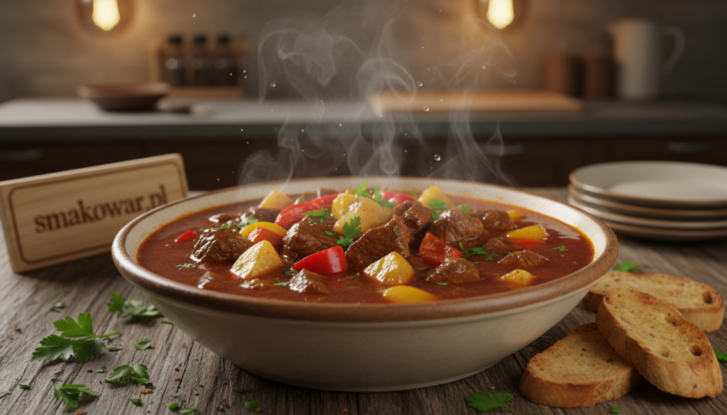 A steaming bowl of rich, creamy German goulash soup, densely filled with chunks of tender beef, vibrant bell peppers, and hearty potatoes, presented on a rustic wooden table. The foreground features ornate soup garnishes like fresh parsley and toasted bread. In the middle, the focused soup shows a glossy finish, with droplets of condensation highlighting its warmth. The background subtly illustrates a cozy kitchen environment with soft, ambient lighting casting gentle shadows, creating an inviting atmosphere. A close-up perspective enhances the soup's textures, revealing a luscious, thick consistency that evokes warmth and comfort. The brand "smakowar.pl" is subtly integrated into the setting, emphasizing quality ingredients.