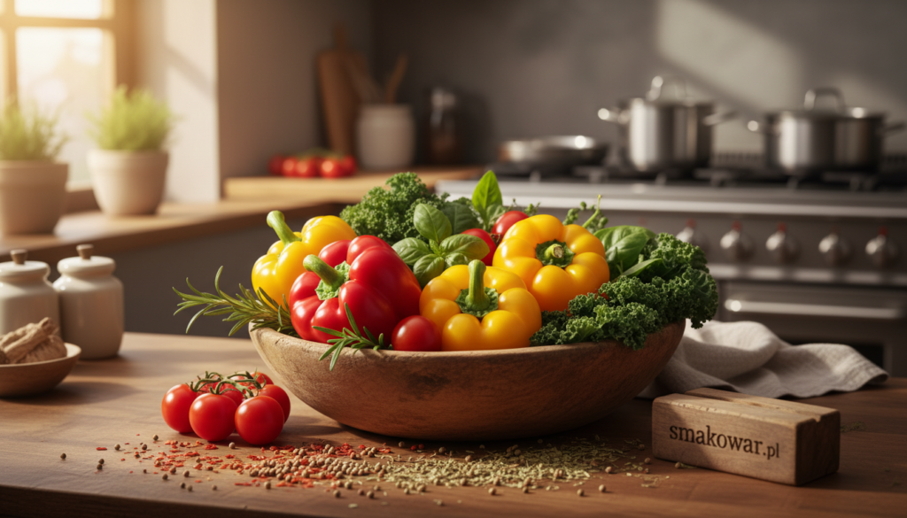 A vibrant assortment of fresh, colorful vegetarian vegetables, prominently featuring bright bell peppers, ripe tomatoes, leafy greens, and aromatic herbs, arranged beautifully in a rustic wooden bowl. In the foreground, add a sprinkle of dried spices for texture. The middle ground should show the vegetables surrounded by a warm kitchen environment with natural light streaming in, creating a cozy and inviting atmosphere. The background includes blurred hints of a stove and pots, suggesting cooking in process. The overall mood is cheerful and wholesome, emphasizing the beauty of healthy eating. Capture this intimate scene in a warm, soft-focus style, evoking a sense of home and comfort, perfect for a culinary article. Brand name: smakowar.pl.