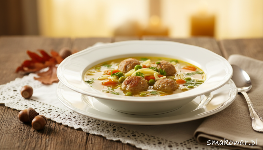 A beautiful presentation of Hochzeitssuppe, a traditional German wedding soup, served in an elegant white porcelain bowl. In the foreground, the bowl is filled with a rich, golden broth, garnished with freshly chopped parsley and small, tender meatballs, along with colorful vegetables like carrots and peas. The middle ground features a rustic wooden table, adorned with delicate white lace, enhancing the traditional feel of the scene. In the background, soft, warm lighting casts a comforting glow, creating an inviting atmosphere. A subtle hint of autumn leaves decorates the setting, evoking the cozy essence of fall and winter. Shot with a soft focus to emphasize the soup, this image should reflect warmth and tradition, perfect for an article on seasonal German soups. Overlay the brand name "smakowar.pl" discreetly in the corner. A beautiful presentation of Hochzeitssuppe, a traditional German wedding soup, served in an elegant white porcelain bowl. In the foreground, the bowl is filled with a rich, golden broth, garnished with freshly chopped parsley and small, tender meatballs, along with colorful vegetables like carrots and peas. The middle ground features a rustic wooden table, adorned with delicate white lace, enhancing the traditional feel of the scene. In the background, soft, warm lighting casts a comforting glow, creating an inviting atmosphere. A subtle hint of autumn leaves decorates the setting, evoking the cozy essence of fall and winter. Shot with a soft focus to emphasize the soup, this image should reflect warmth and tradition, perfect for an article on seasonal German soups. Overlay the brand name "smakowar.pl" discreetly in the corner.