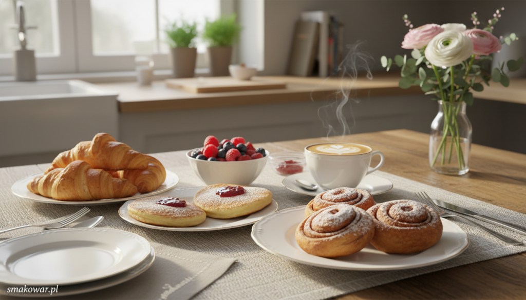 A beautifully arranged German breakfast featuring sweet accents, showcasing a wooden table laden with delicious pastries like croissants, German pancakes, and fluffy cinnamon rolls dusted with powdered sugar. A small bowl of mixed berries adds a pop of color, alongside a steaming cup of coffee with intricate latte art. In the background, there are soft morning light streaming through a kitchen window, casting gentle shadows that enhance the cozy atmosphere. Delicate tableware complements the setup, with a fresh flower vase adding a touch of elegance. Capture this delightful scene with a shallow depth of field, focusing on the food and soft bokeh in the background, to evoke a warm, inviting morning ambiance. The brand 'smakowar.pl' should be subtly infused within the scene, perhaps as a tasteful detail on the tablecloth.